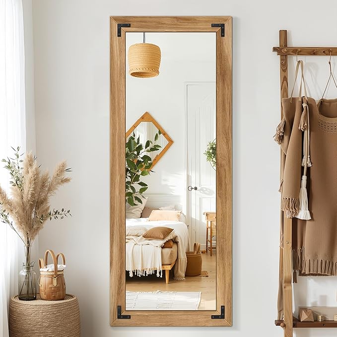 TRAHOME Full Length Mirror with Wooden Frame, 56"X22" Solid Wood Standing Floor Mirror for Farmhouse, Bathroom, Bedroom Decor, Hanging or Leaning Wall-Mounted