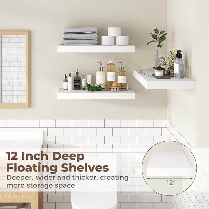 Fun Memories 12 Inch Deep Floating Shelves, 67 Inch Long Extra Large Floating Shelves for Home & Office, Wall Shelves with Invisible Bracket, White, Set of 2