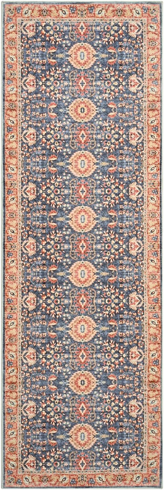 Goideal Washable Runner Rug 2x6, Vintage Rugs Non Slip, Indoor Low Pile Carpet with Rubber Backing for Kitchen Bathroom Entryway Office Bedroom,Navy Blue & Orange