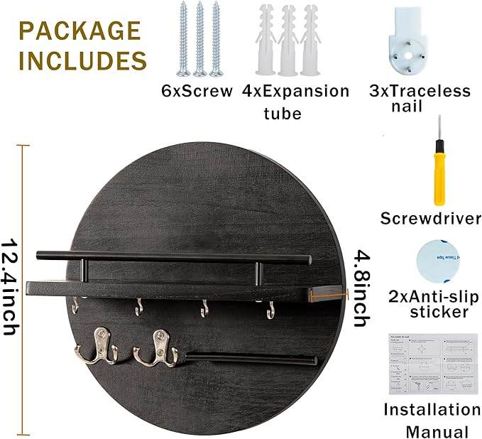 dreampossible Key Holder for Wall Decorative with Shelf and Hooks, Mail Organizer Wall Mount, Circular Design Entryway Key Rack Hanger, Rustic Home Decor (Black)