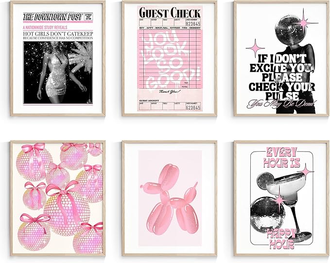 Habseligkeit Pink Fashion Wall Art Prints, Trendy Cute Wall Art Posters for Room Decor Aesthetic, Unique Room Decor for Girls Dorm, Unframed, 8x10in, Set of 6