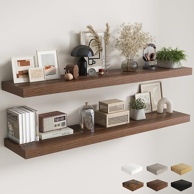 Fun Memories 12 Inch Deep Floating Shelves, 67 Inch Long Extra Large Floating Shelves for Home & Office, Wall Shelves with Invisible Bracket, Walnut, Set of 2