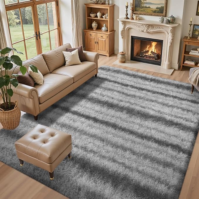 5x7 Ft Large Shag Rug for Living Room Bedroom,Tie-Dyed Ultra Soft Fluffy Furry Area Rug, Aesthetic Carpet for Indoor Floor Home Decor (Grey&White)