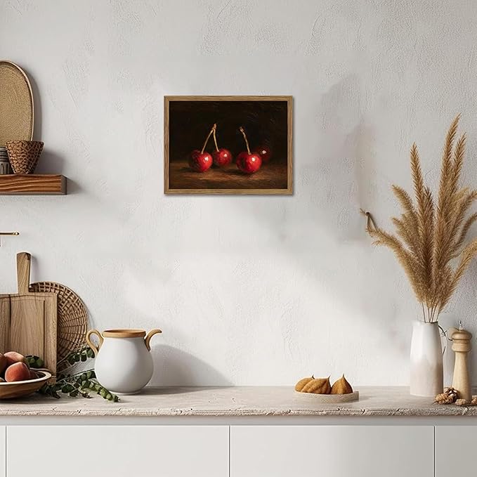 Vintage Cherry Wall Art for Kitchen, Classic Still Life Oil Painting Canvas Wall Decor, Retro Rural Farmhouse Fruit Food Artwork Prints Pictures for Kitchen Dining Room 12x16 Inch Framed