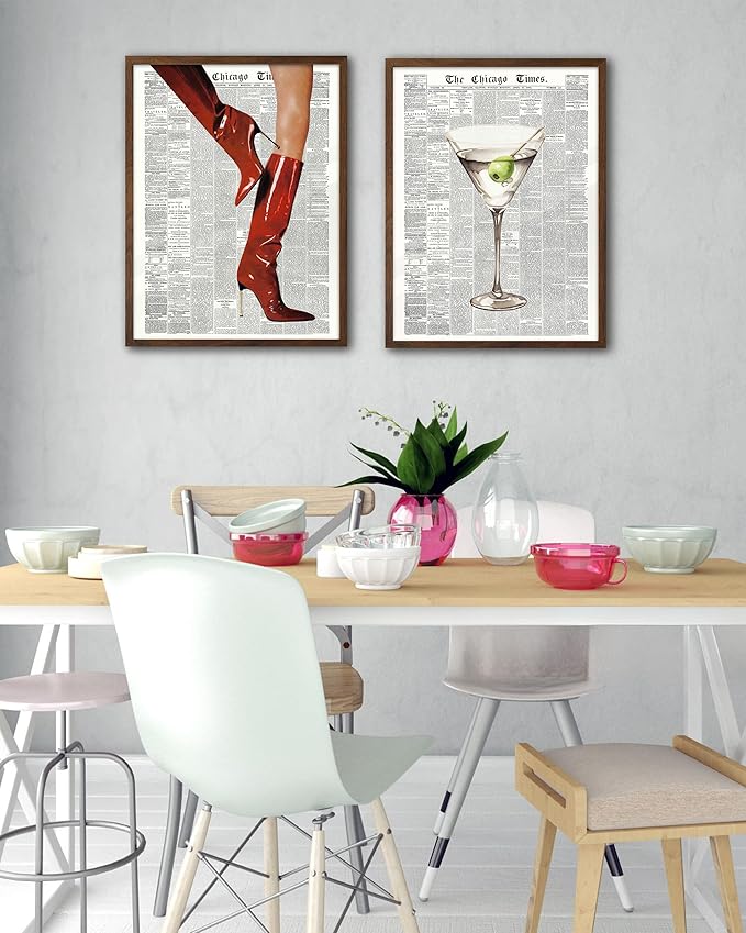 EcoHest Trendy Newspaper Red Boots Framed Wall Art, 12x16 in Walnut Color OAK Wood Fashion Icon Canvas Wall Art, Magazine Retro Home Decor, Set of 1 for Bedroom Living Room