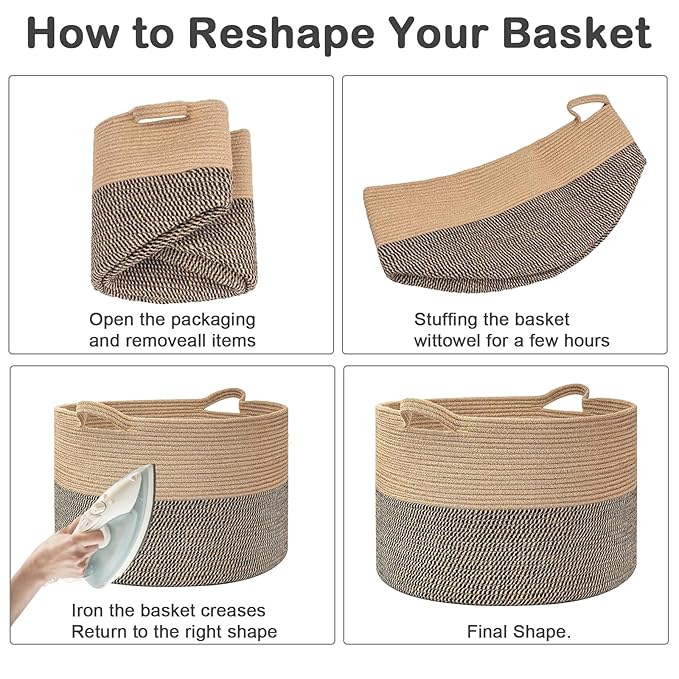 90L Large Blanket Basket, 21.7"x 21.7"x 13.8" Rope Woven Storage Basket with Handles, Laundry Hamper for Toys, Clothes, Pillows & Towels, Perfect for Living Room, Nursery & Bedroom,Camel