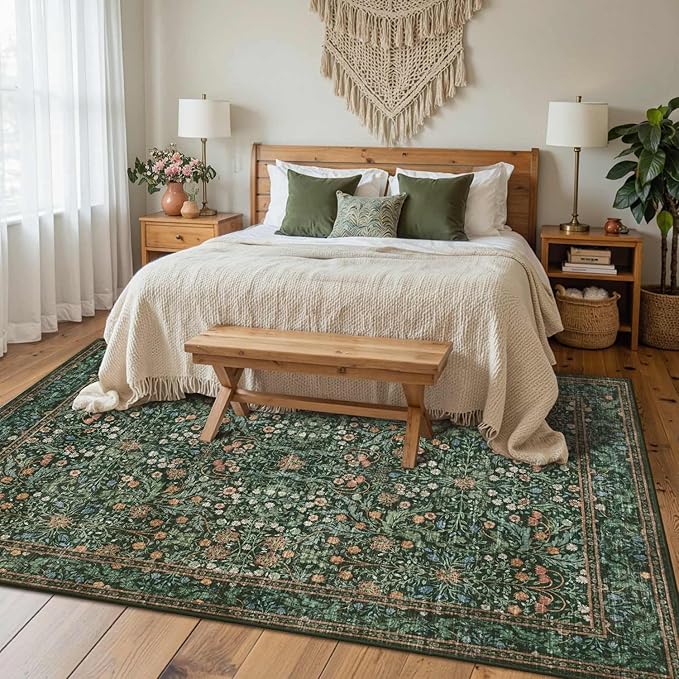 Rugxara 5x7 Area Rugs for Living Room Bedroom, Large Washable Rug, Green Vintage Floral Boho Rug, Non Slip & Low Pile Faux Wool Thin Carpet for Indoor Dining Room and Kids Room(Green 5x7ft)