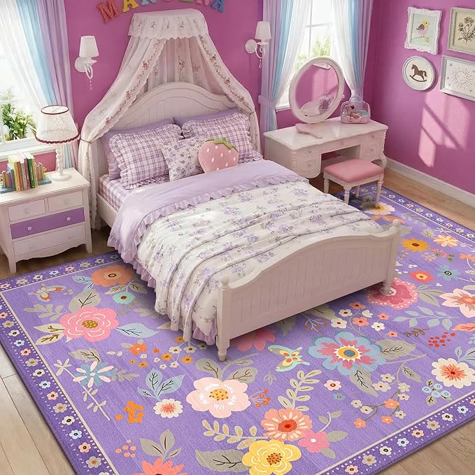RELEANY Floral Nursery 7x9 Area Rugs Washable Print Boho Cute Carpet Non Slip Flower Low Pile for Living Room Kids Girls Playroom Bedroom Kitchen Office Farmhouse-Purple/Pink/Multi