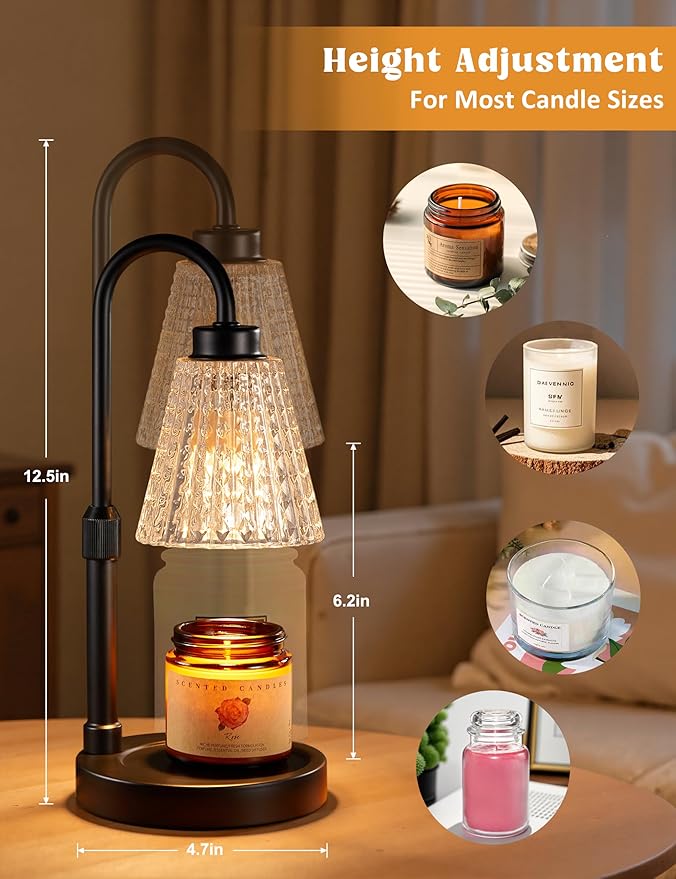 Black Crystal Candle Warmer Lamp with Timer, Dimmable Candle Warmer for Jar Candles, Height Adjustable Wax Melts Warmer, Birthday Gifts for Women Mom, House Warming Gifts New Home Decor