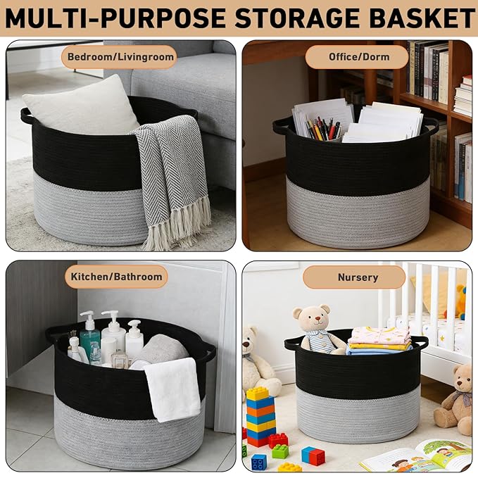 90L Large Blanket Basket, 21.7"x 21.7"x 13.8" Rope Woven Storage Basket with Handles, Laundry Hamper for Toys,Clothes,Pillows & Towels,Perfect for Living Room,Bedroom,Black&Light Grey