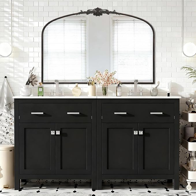 Besdomus Antique Arched Large Mirror: 48"x33" French Oversize Black Arch Vintage Vanity Wall Mounted Mirror - Baroque Decorative Traditional Ornate for Living Room/Fireplace/Bathroom/Entryway