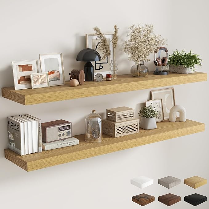 Fun Memories 12 Inch Deep Floating Shelves, 67 Inch Long Extra Large Floating Shelves for Home & Office, Wall Shelves with Invisible Bracket, Oak, Set of 2
