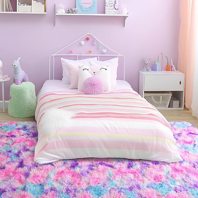 Tepook Soft Rainbow Rug 8x10 for Girls Room, Cute Fluffy Girls Bedroom Area Rug, Shaggy Princess Rug Colorful Carpet for Kids Teens Toddler Playroom Nursery Reading Nook, Hot Pink