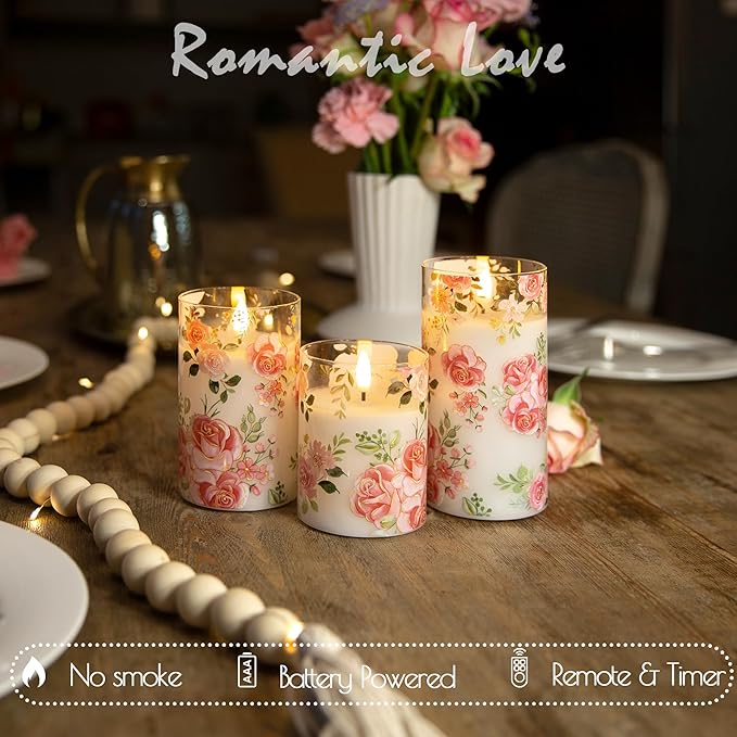 LUSHARBOR Flameless Candles with Remote, Battery Operated Glass Candles Pink Rose Flickering LED Candles Real Wax Floral Christmas Decor Electric Pillar Candles Set of 3