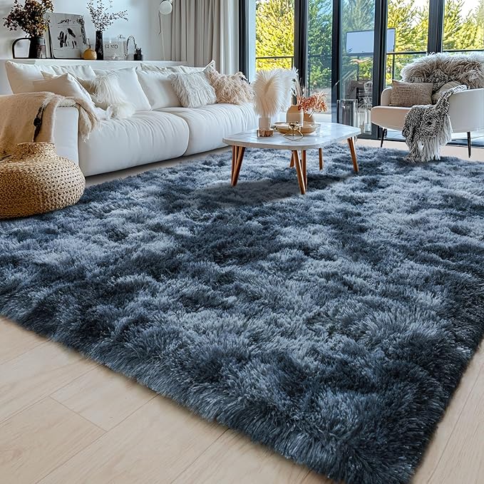 Area Rugs 9x12 for Living Room, Ultra Soft Fluffy Rugs for Bedroom, Non-Slip Furry Large Rug for Teen Girls and Boys,Nursery Kids Room Dorm Home Decor, High Pile Plush Floor Carpet, Tie-Dyed Blue Grey