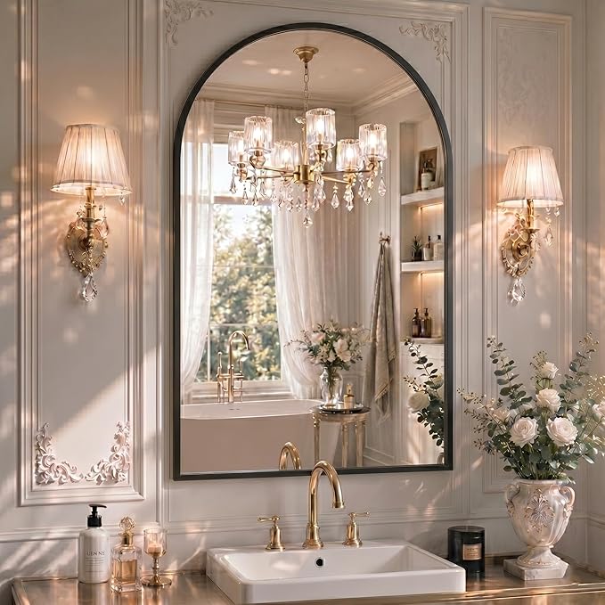 24"x36" Arched Black Bathroom Mirror – Metal Framed with HD Shatter-Proof Glass, Wall-Mounted for Over Sink, Entryway, Living Room, Bedroom