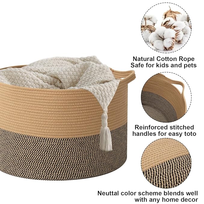 90L Extra Large Blanket Basket,Rope Woven Storage Basket with Handles, Laundry Hamper for Toys, Clothes, Pillows & Towels, Perfect for Living Room, Nursery & Bedroom,Jute&Black