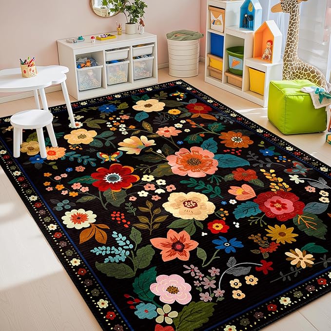 RELEANY Floral Nursery 5x7 Area Rugs Washable Print Boho Cute Carpet Non Slip Flower Low Pile for Living Room Kids Girls Playroom Bedroom Kitchen Office Farmhouse-Black