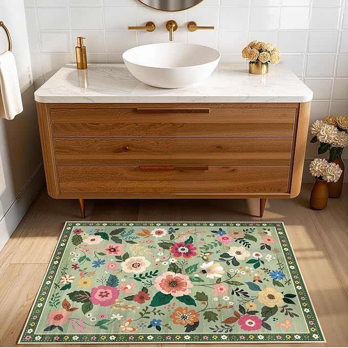 RELEANY Floral Nursery 2x3 Area Rugs Washable Print Boho Cute Carpet Non Slip Flower Low Pile for Living Room Kids Girls Playroom Bedroom Kitchen Office Farmhouse-Light Green