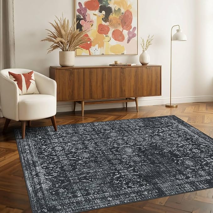 Rugxara 3x5 Rug for Entryway Bedroom, Black 3x5 Washable Area Rug, Vintage Retro Boho Throw Rug, Non Slip & Low Pile Small Carpet for Indoor Kitchen, Bedside, Living Room, Bathroom and Dining
