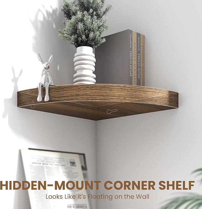 Fun Memories Floating Corner Shelves Set of 2 - Rustic Wood Wall Mounted Storage and Display Shelves for Living Room, Bedroom, Kitchen, Bathroom - Space Saving Home Decor, Walnut