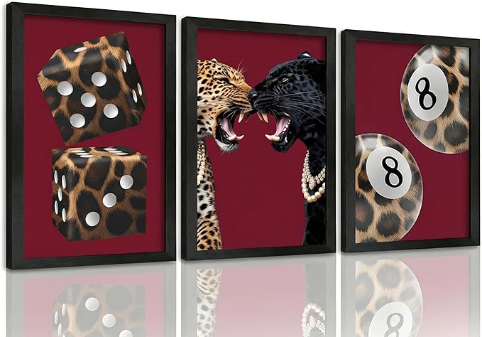 3Pcs Framed Trendy Leopard Canvas Wall Art Funky Lucky 8 Ball Pictures Wall Decor Eclectic Cheetah Preppy Aesthetic Posters Prints Paintings for Bedroom Dorm Living Bathroom Home Decoration