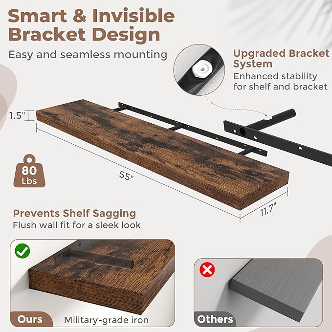55 Inch Floating Shelves for Wall with Invisible Brackets Set of 2, 12"D Engineered Wood Wall Shelves with Wood Grain for Living Room, Bedroom, Bathroom, Kitchen Decor and Storage, Rustic Brown