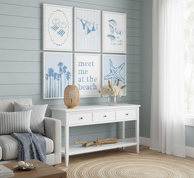6Pcs Blue Coastal Granddaughter Canvas Wall Art Beach Shell Bikini Plant Starfish Painting Picture Wall Decor Poster Print Artwork for Teen Girl Room Dorm Apartment Unframed