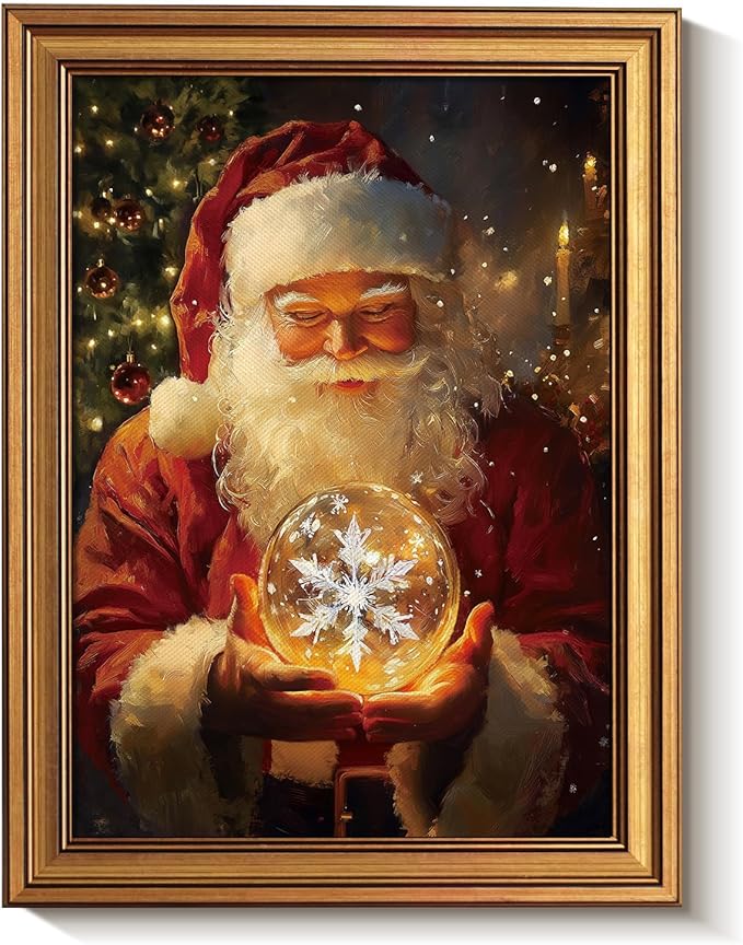 Bzstyleart Vintage Wall Art Decor, Vintage Chiristmas Wall Art Framed, 12 x 16 Inch Framed Christmas Decorations Indoor Winter Decor, Christmas Santas Claus Holding a Glass Ball