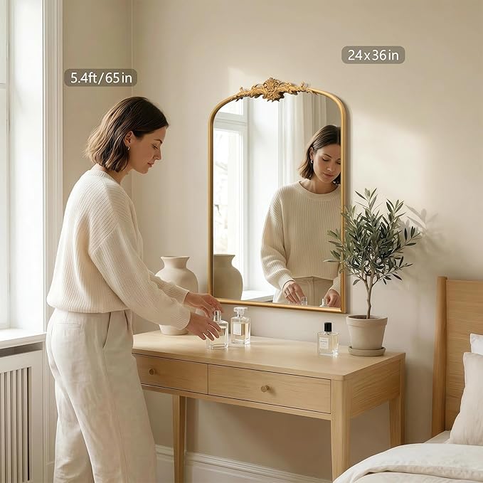 Besdomus Antique Arched Wall Mirror: 24"x36" French Large Arch Gleaming Gold Vintage Vanity Wall Mounted Mirror - Traditional Ornate Home Decor for Entryway/Fireplace/Bathroom - Idea for Homemakers