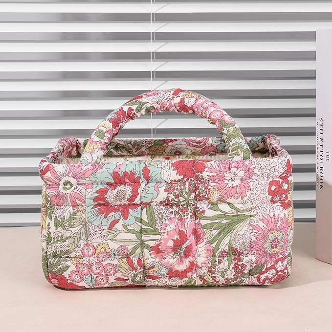 Mini Storage Basket, Small Quilted Boho Fabric Organizer Bin with Handle, Portable Collapsible Basket for Socks, Keys, Diaper