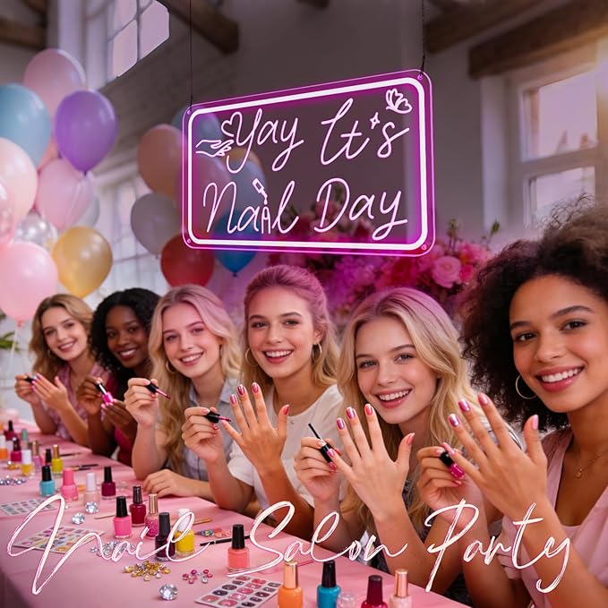 Yay It's Nail Day Neon Sign, Pink Neon Sign with 3D Carving Butterfly，Nails Neon Signs for Wall Decor, Bedroom - 3-Mode Dimmable USB Powered Salon Decor, Gifts for Nail Tech 16x8.8 Inches