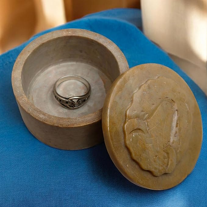 Soapstone Round Small Jewelry Box 2.25X1.5 inch, Hand Carved Designer, Makeup Organizer,Storage Box,Trinket Box, Ring Box, Jewelry Holder Organizer, Gifts for Women,Birthday Gift