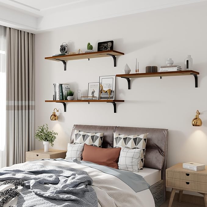 12 Inch Deep Floating Shelves Set of 3, 36 Inch Extra Wide Walnut Solid Wood Wall Shelves with 150 lbs Capacity, Heavy Duty Farmhouse Wall Mounted Shelving for Kitchen, Living Room & Bedroom