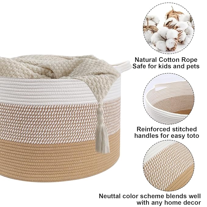 65L Large Blanket Basket, 19.7" L x 19.7" W x 13" H Cotton Rope Woven Storage Basket,Laundry Hamper for Toys, Clothes, Pillows & Towels, Perfect for Living Room, Nursery & Bedroom,Yellow
