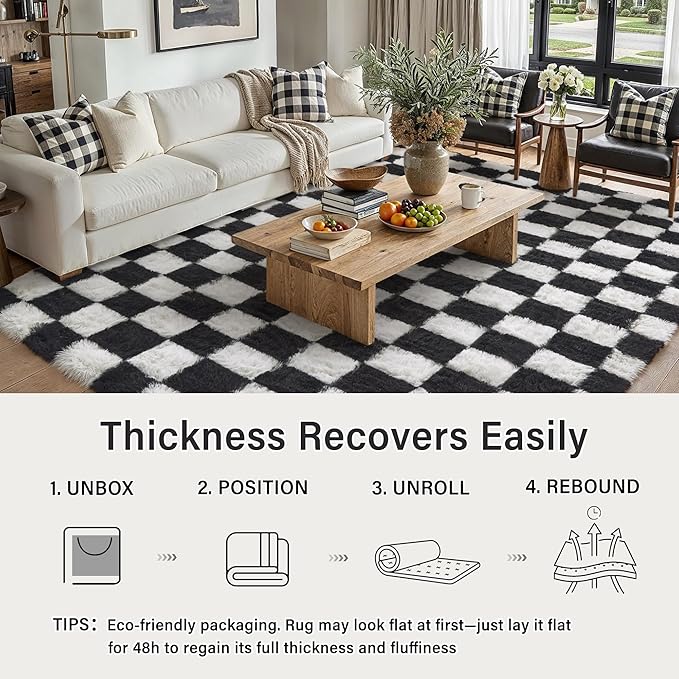 PureCozy Checkered Rug 9x12 for Living Room, Black and White Modern Shag Rugs Super Soft Washable Indoor Office Fuzzy Carpet Non-Slip Fluffy Rugs for Bedroom Home Aesthetic Decor