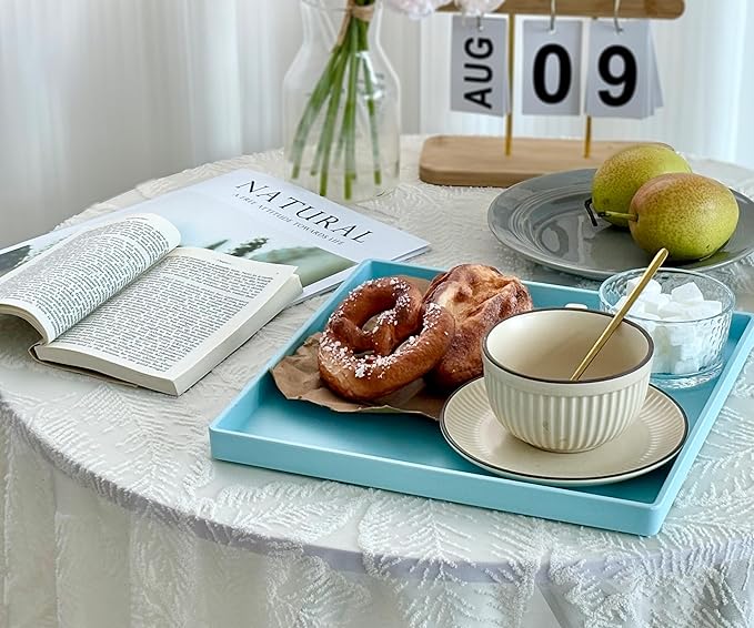 Blue Square Plastic Tray - 11 Inch Organizer Tray for Bathroom Vanity, Dresser, Coffee Table, Nightstand | Decorative Catch-All Tray for Makeup, Jewelry, Remote Controls & Essentials