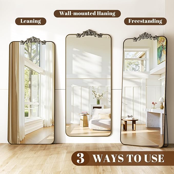 Vintage Full Length Mirror, 71"x32" Floor Mirror with Carved, Full Body Mirrors for Home Decor, Standing/Hanging Large Wall Mirrors for Bedroom/Living Room/Entryway, Bronze, Retro Style