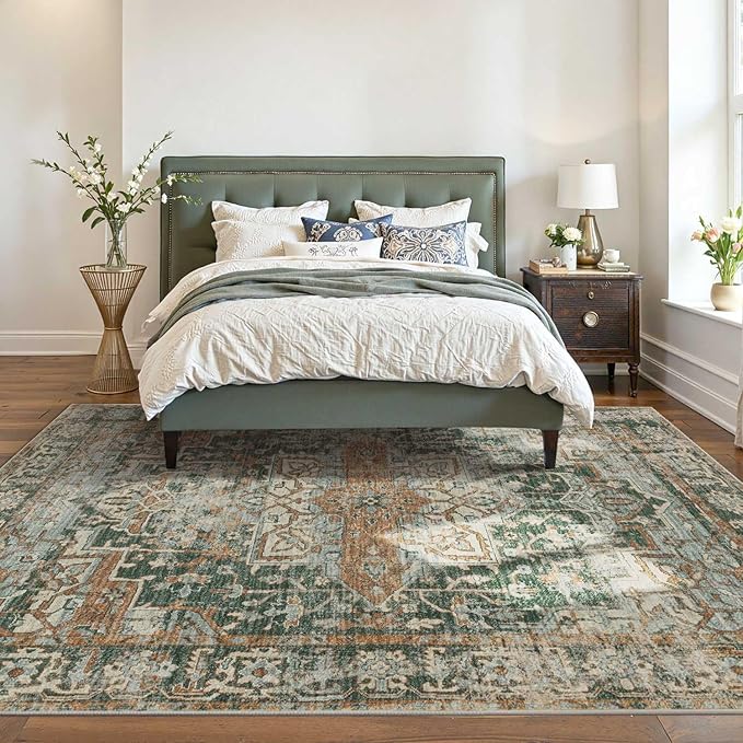 Rugxara 6x9 Area Rugs for Living Room Bedroom, Large Washable Rug, Green Vintage Floral Boho Style, Non Slip & Low Pile Carpet for Indoor Dining Room, Dorm and Kids Room(Green 6x9ft)
