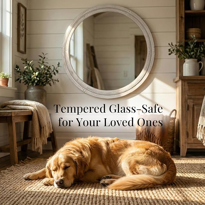 30" White Round Wood Mirror for Bathroom Vanity, Distressed Solid Wood Wall Mirror - French Country Beaded Circle Mirror for Coastal Bedroom & Nursery