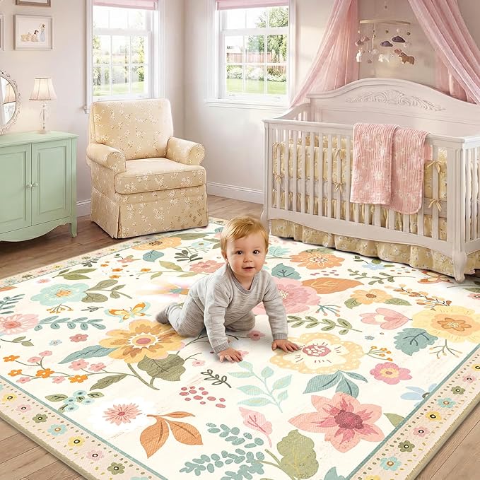 RELEANY Floral Nursery Square 6ft Area Rugs Washable Print Boho Cute Carpet Non Slip Flower Low Pile for Living Room Kids Girls Playroom Bedroom Kitchen Office Farmhouse-Beige/White/Orange