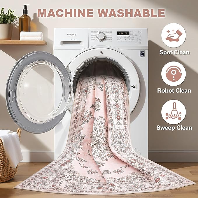 Nakagishi 10x14 Area Rugs Living Room: Washable Boho Large Neutral Modern Soft Farmhouse Rug Stain Resistant Indoor Non-Slip Carpet for Bedroom Girls Nursery Kids Playroom Dorm Preppy Baby Room- Pink