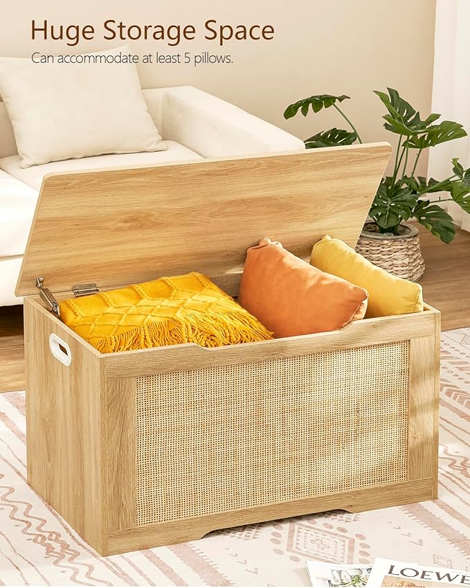 usikey 29.5” Storage Chest, Storage Bench with Storage, Toy Box with 2 Safety Hinges, Toy Chest for Bedroom, Shoe Bench, Supports 220 lb, for Living Room, Entryway, Natural