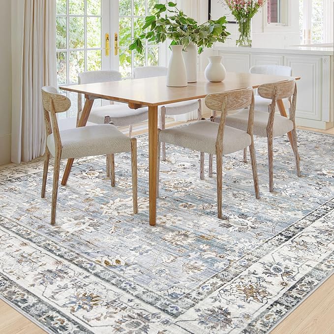 XLUEZ Area Rug 8x10 Living Room Rug, Machine Washable Vintage Distressed Boho Area Rug Non-Slip Soft Low Pile Large Indoor Rugs for Bedroom Kitchen Dining Room Office(Light Blue,8'x10')