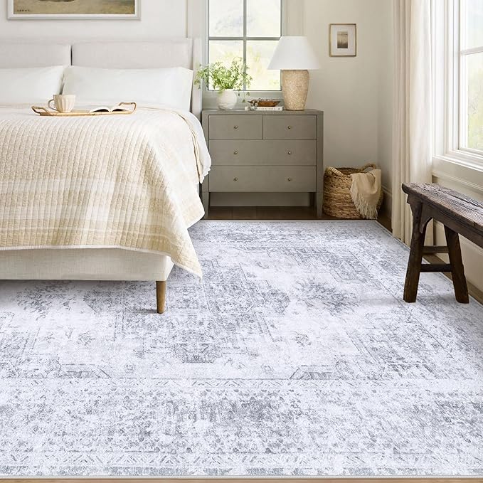 XLUEZ Area Rug 5x7 Living Room Rug, Machine Washable Vintage Distressed Medallion Rug Non-Slip Soft Low Pile Large Indoor Rugs for Bedroom Kitchen Dining Room Office(LightGrey,5'x7')