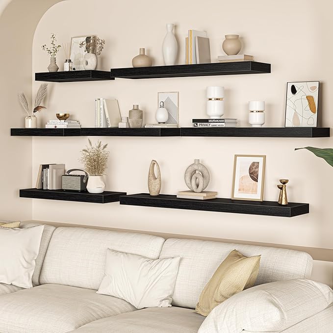 12 Inch Deep Floating Shelves, 32W x 12D Floating Shelf for Books, Rustic Wood Deep Wall Shelves for Home Storage & Display, 1.5" Thicked Shelves for Kitchen, Living Room, Bedroom, Black, 2 Pack