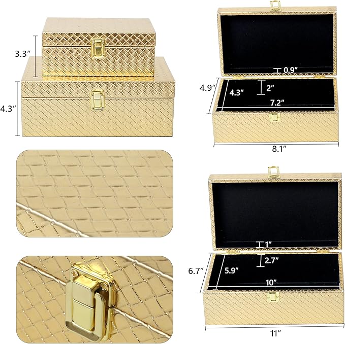 DECOR4SEASON Faux Leather Decorative Jewelry Storage Organizer Boxes Set of 2, Gold