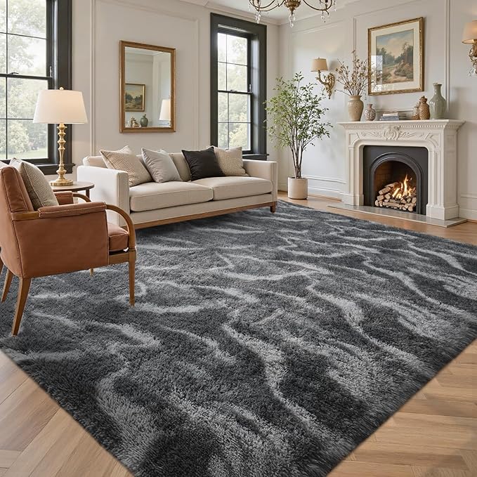 Area Rugs for Living Room 8x10 Feet, Soft Fluffy Shagg Plush Bedroom Rug Non-Slip,Large Carpet for Nursery Kids Dorm Home Decor Wavy Grey