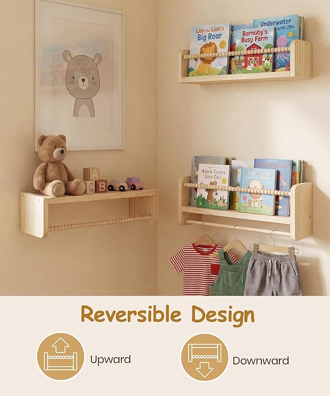 Nursery Book Shelves for Wall Set of 3, Natural Wood Bookshelves Wall Decor, Small Floating Shelf Organizer for Kids Room, Bedroom, Kitchen Spice Rack