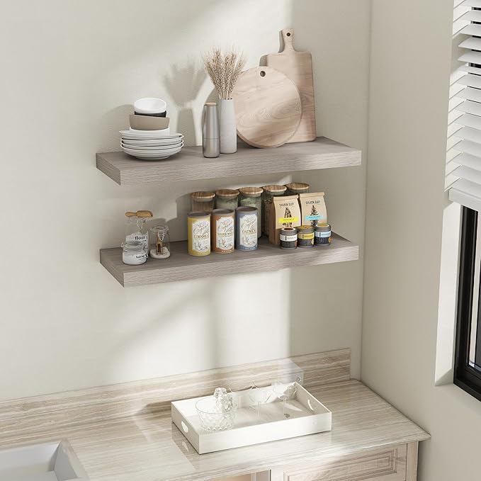 Fun Memories 36 Inch Grey Floating Shelves for Wall, 12 Inch Deep Shelves for Bathroom|Kitchen|Bedroom, Wall Mounted Rustic Wood Floating Shelf with Invisible Brackets for Books|Storage|Decor, 2 Pack